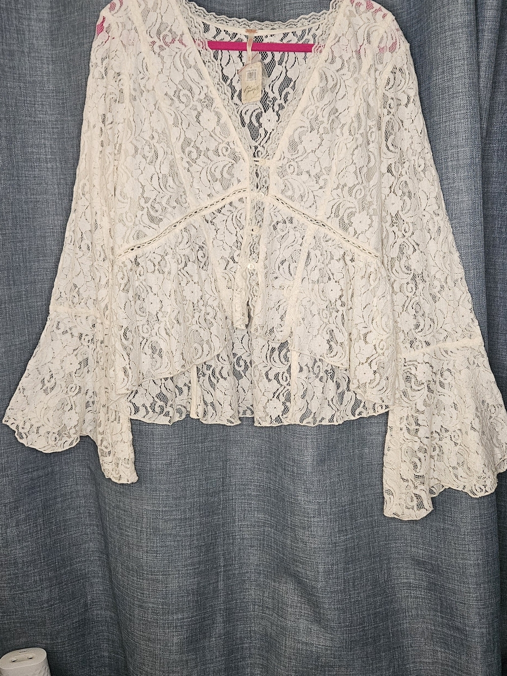 NWT Free People Ivory Lace Bell Sleeve Top Blouse XL $148